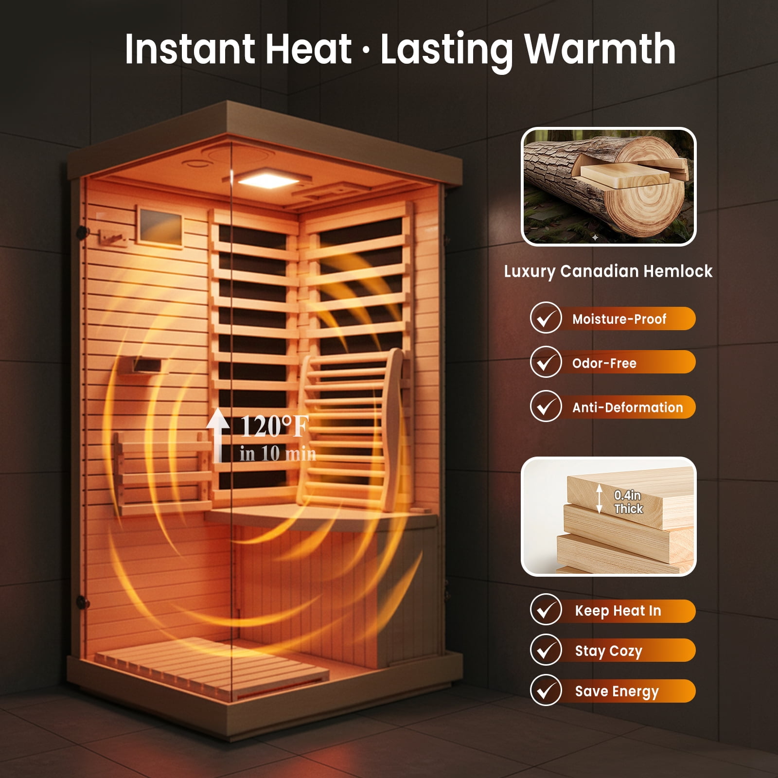 Syedee Far Infrared Sauna Home Sauna Spa Room Canadian Hemlock Wood 1000W Indoor Saunas Low EMF 110V with Control Panel and Tempered Glass Door