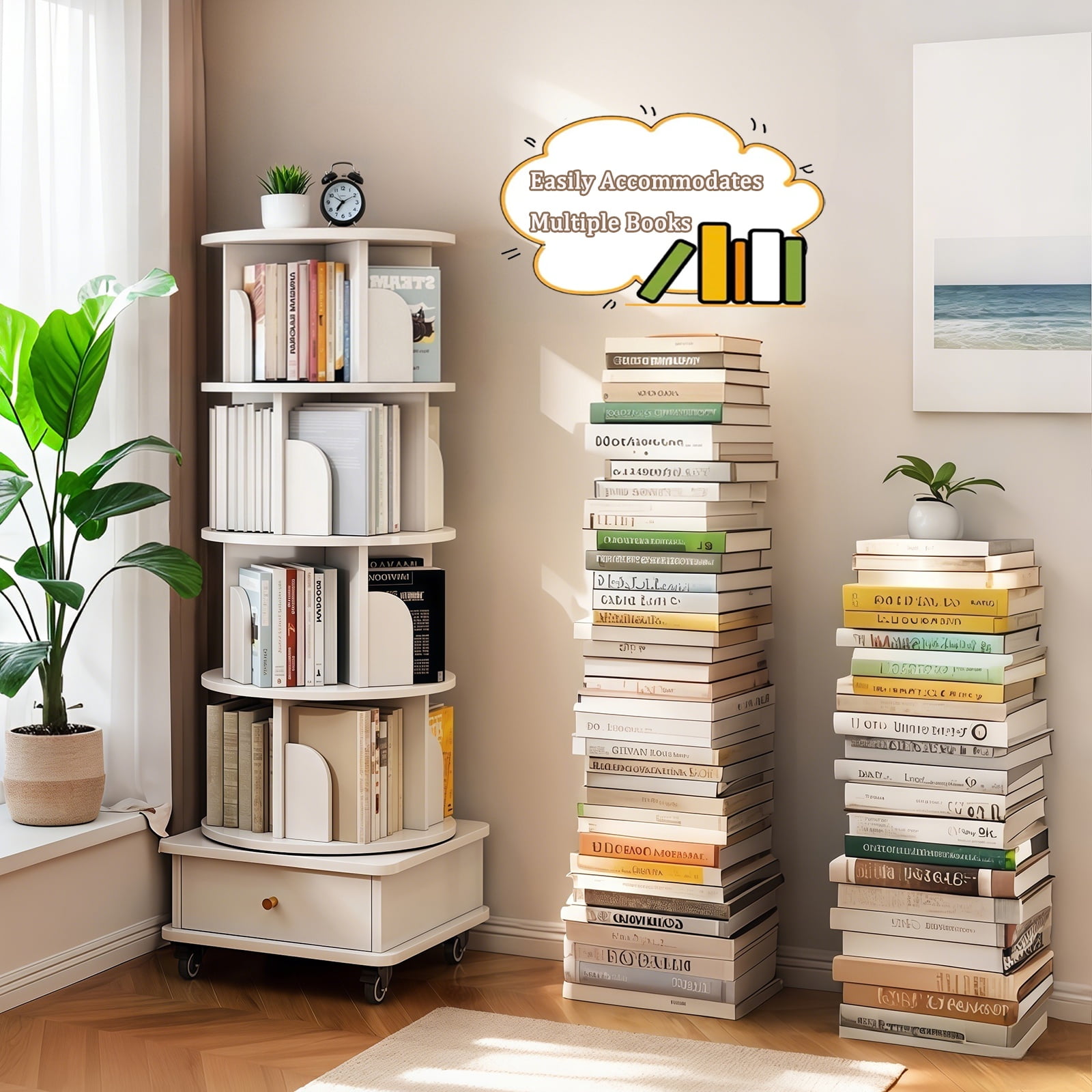Paproos 5 Tier Rotating Bookshelf, 360° Display Wood Spinning Bookshelf Tower with Wheels and Bottom Drawer, Small Rotating Bookcase, Corner Book Shelf for Home Office, Bedroom, Warm White