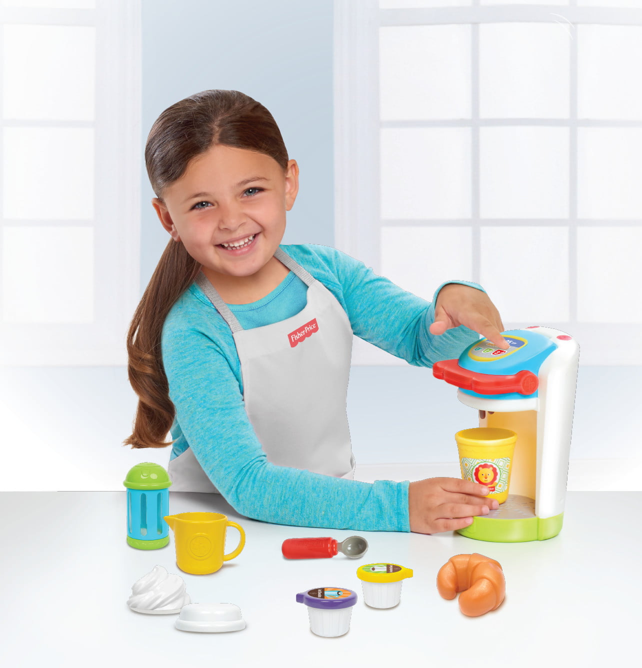 Fisher Price Coffee Maker Play Set 8 pcs Pods Cup Croissant Fun Food New 