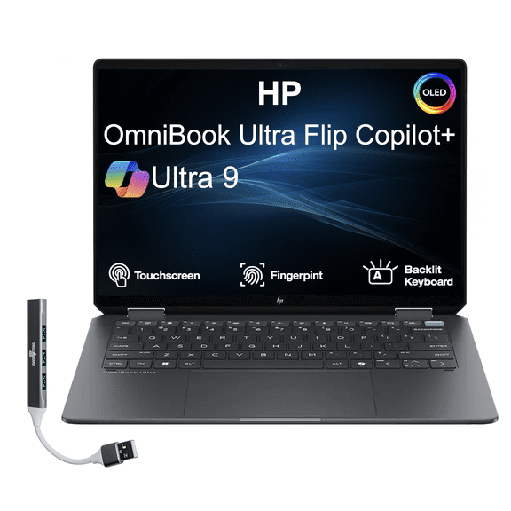 HP OmniBook Ultra Flip Copilot   2-in-1 Laptop 14.0in Touchscreen OLED 2.8K Display (Intel Ultra 9-288V, 32GB LPDDR5X, 2TB PCIe SSD, Backlit KB, Fingerprint, Win 11 Pro) w/DKZ USB Port Expander