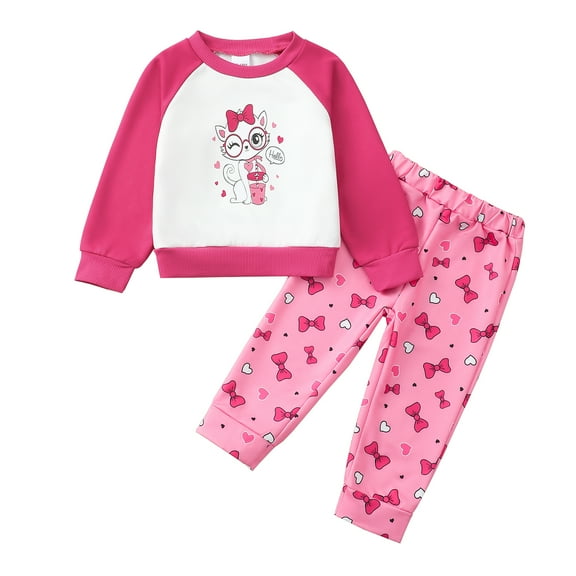 2T Baby Girls Clothes 3T Girls 2PCS Outfits Set Heart Print Crew Neck Toddler Girls Long Sleeve Top Pants Set Pink