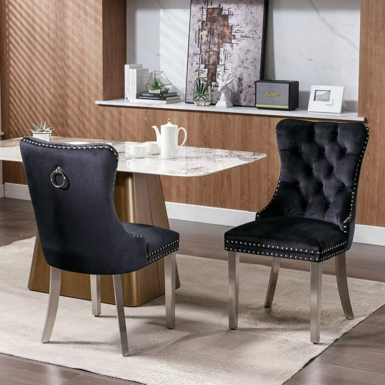Velvet Upholstered Dining Chairs Set of 2 Wingback Dining Room Chairs with Button Tufted Back Ring Pull Trim and Stainless Steel Legs Luxury Dining