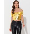 thumbnail image 2 of Tops cortos con hombros descubiertos para fiesta de clubwear metalizados brillantes para mujer Oro S, 2 of 5
