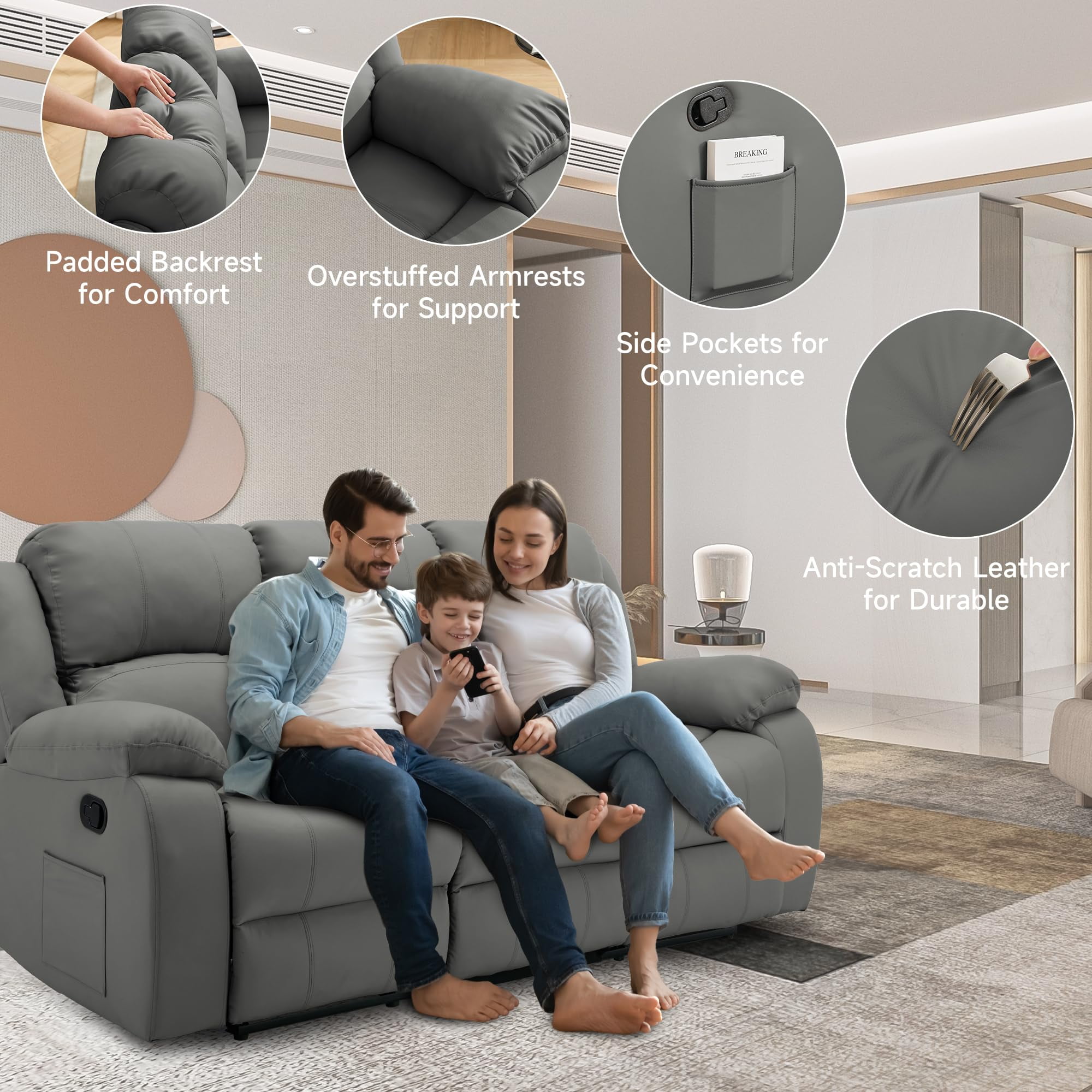 Comfortable Reclining Loveseat Sofa – Leather 3-Seater Recliner Couch for Living Room & Home Theater Seating (Grey)