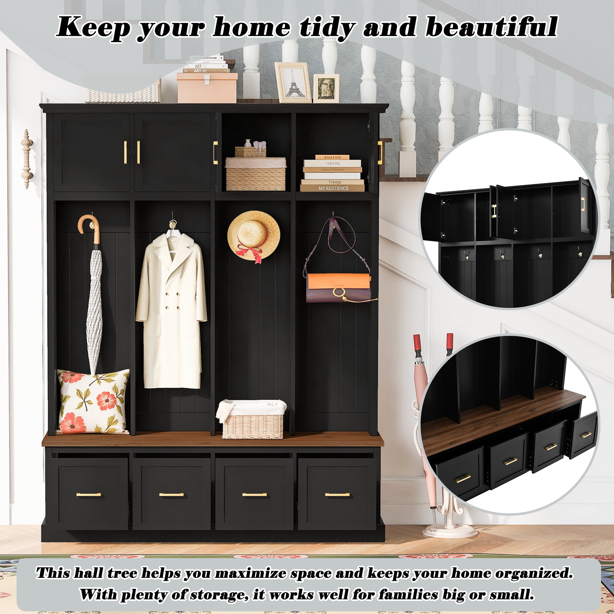 Mintazer 78” Tall Farmhouse Entryway Hall Tree with Coat Rack Hooks, Cabinets, Drawers & Shoe Storage Bench for Living Room, Bedroom, Hallway, Black