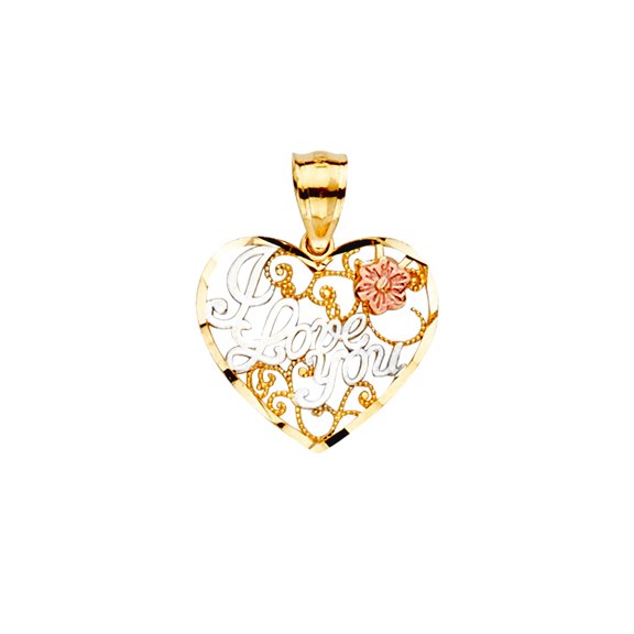 14k Yellow Gold White Gold and Rose Gold I Love You Pendant Necklace 15x20mm Pendant for Women