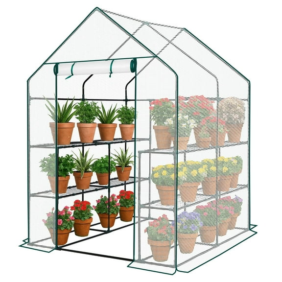 UBesGoo 56"x56" Walk-In Greenhouse, 8 Shelves, PE Cover, Zipper & Vent, Sturdy Metal Frame, White
