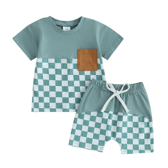 Bagilaanoe 2pcs Toddler Baby Boy Shorts Set Short Sleeve Checkerboard Print T Shirt Tops   Shorts 6M 12M 18M 24M 3T Kids Casual Summer Clothes