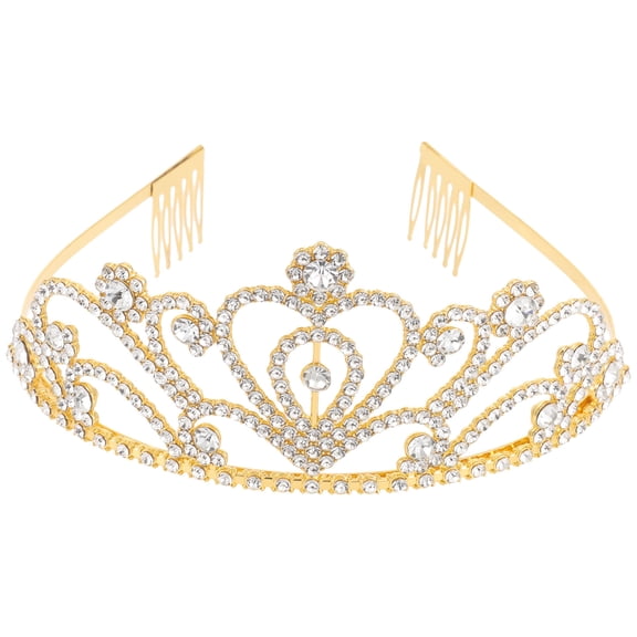 KONTONTY Golden Shiny Bride Crown Metal Loving Heart Wedding Tiara Elegant Hair Decor