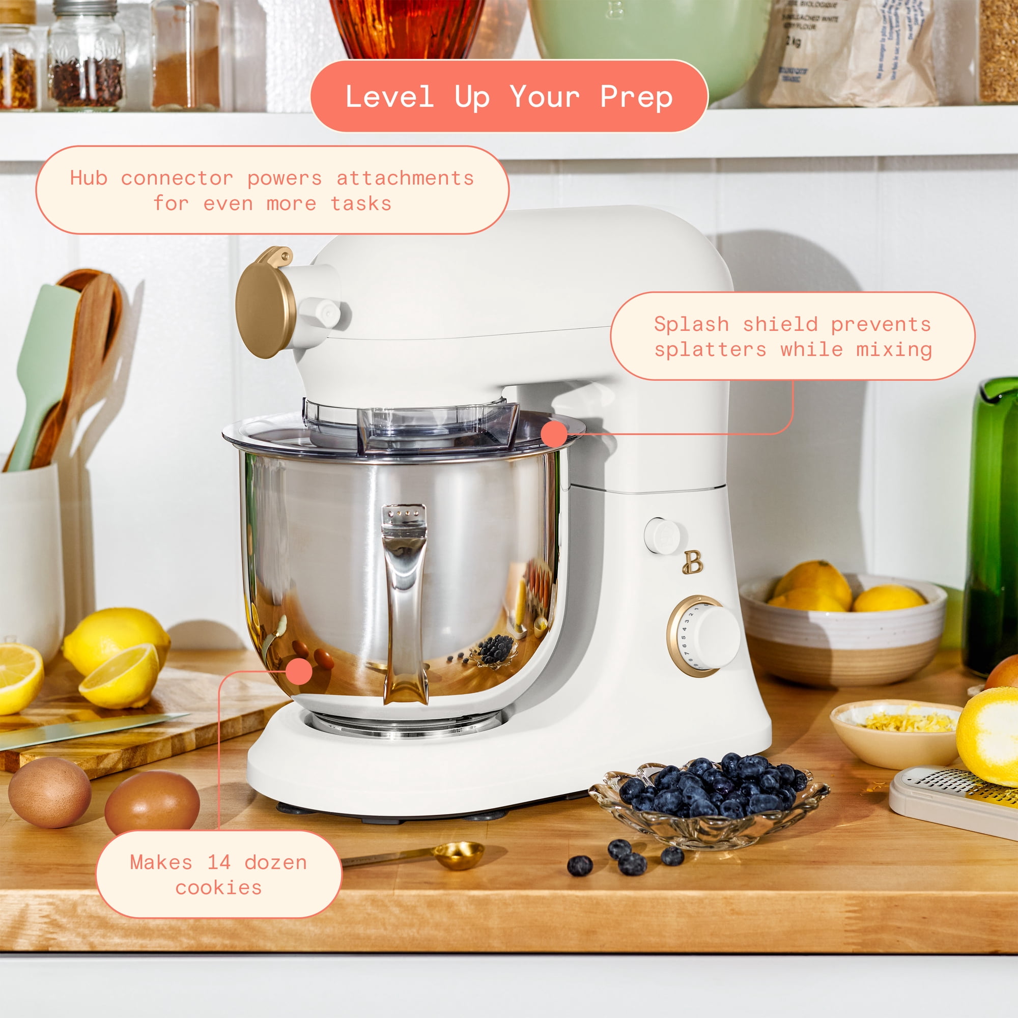 Beautiful 6 Qt Tilt-Head Stand Mixer with Dough Hook, Flat Beater, Balloon Whisk, Pastry Beater & Slicer/Shredder Set, White Icing by Drew Barrymore