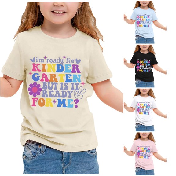 WEIGFI Toddler Kid Girls Back To School Tee Kindergarten First Day Of School Clothes Floral Print Letter Graphic Short Sleeve Crew Neck Casual Daily Wear Summer Sweet Beach Tops,Beige,3-4 Years