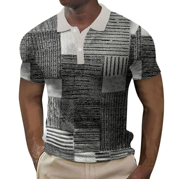 Playeras De Hombre Camisa A Cuadros Para Hombre, Camisa Con Solapa Y Botones, Estampados Gráficos Degradados, Camiseta De Manga Corta Con Estampado Urbano Para Exteriores