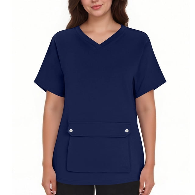 Ohufall Plus Size Scrubs for Women Stretch, Solid Color Scrub Tops - Front Pocket Design for Nurses & Healthcare Workers