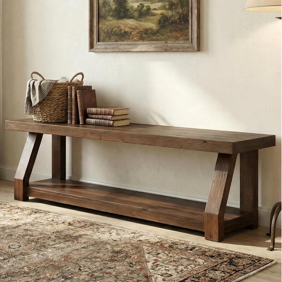 Tribesigns 2-Tier Solid Wood Entryway Bench, 63-Inch Shoe Bench with Storage, Narrow Long End of Bed Bench for Bedroom, Easy Assembly, Rustic Dark Brown