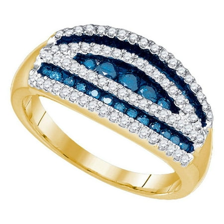Diamond Gold Cocktail Ring - 10k Yellow Gold Womens Blue Color Enhanced Round Diamond Striped Cocktail Band Ring 3/4 Cttw