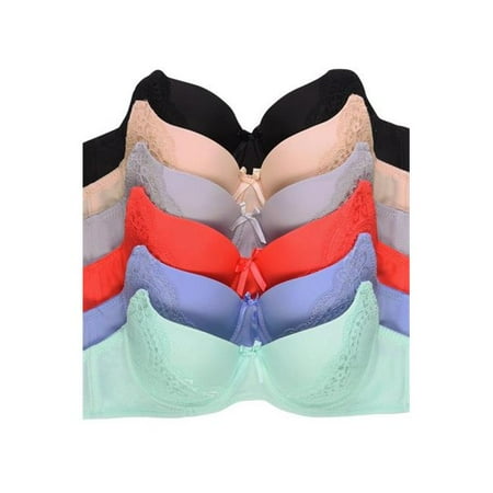 Vt Full Color - Sofra BR4367PL-38B Mamia Ladies Full Cup Plain Intimate Sets Solid Lace Accent Bra, Multi Color - Size 38B - Pack of 6