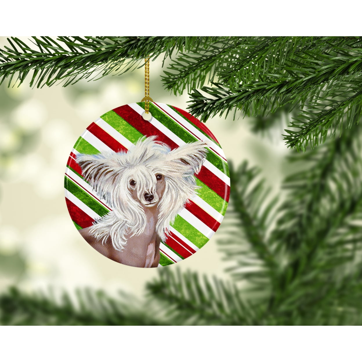 Chinese Crested Candy Cane Holiday Christmas Ceramic Ornament LH9257