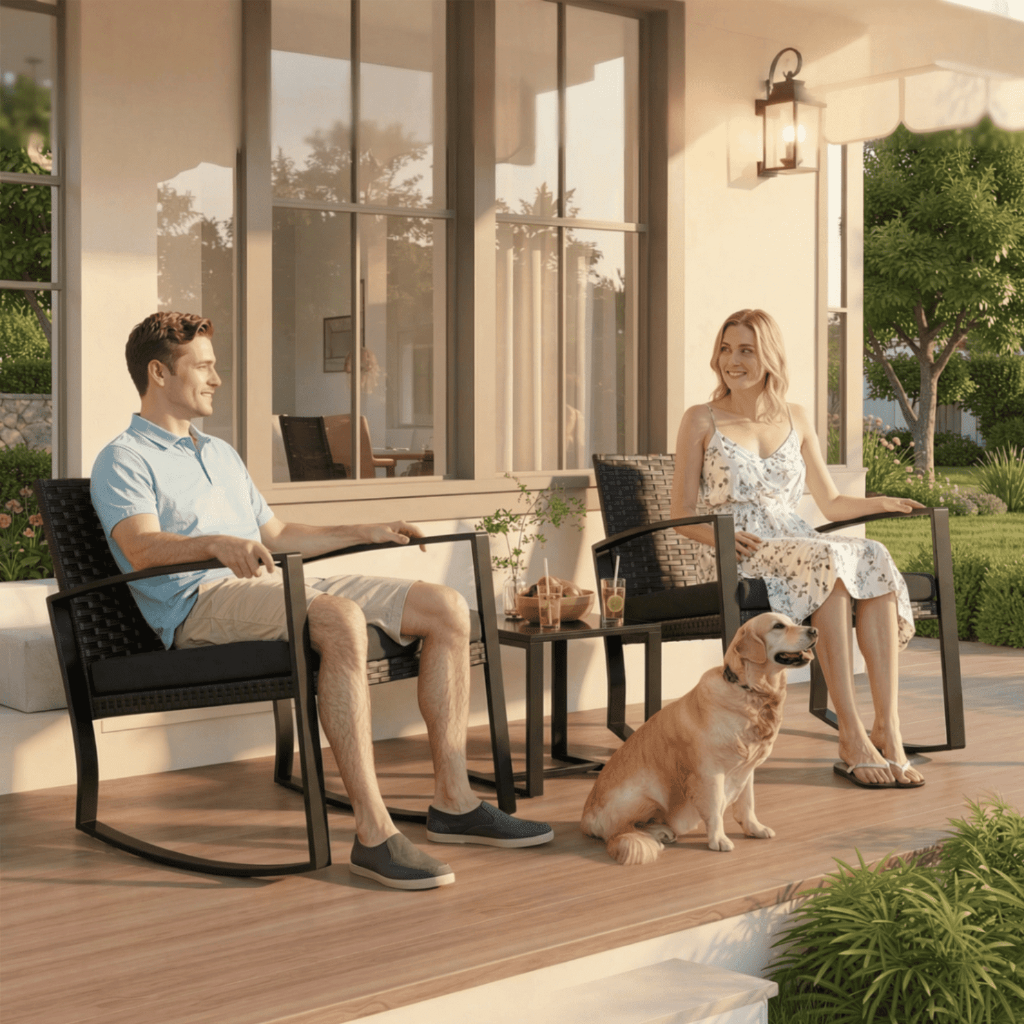 Aiho 3-Piece Rattan Rocking Set–Outdoor Patio Conversation Furniture with Coffee Table for Balcony, Garden, Backyard, or Poolside (Black)