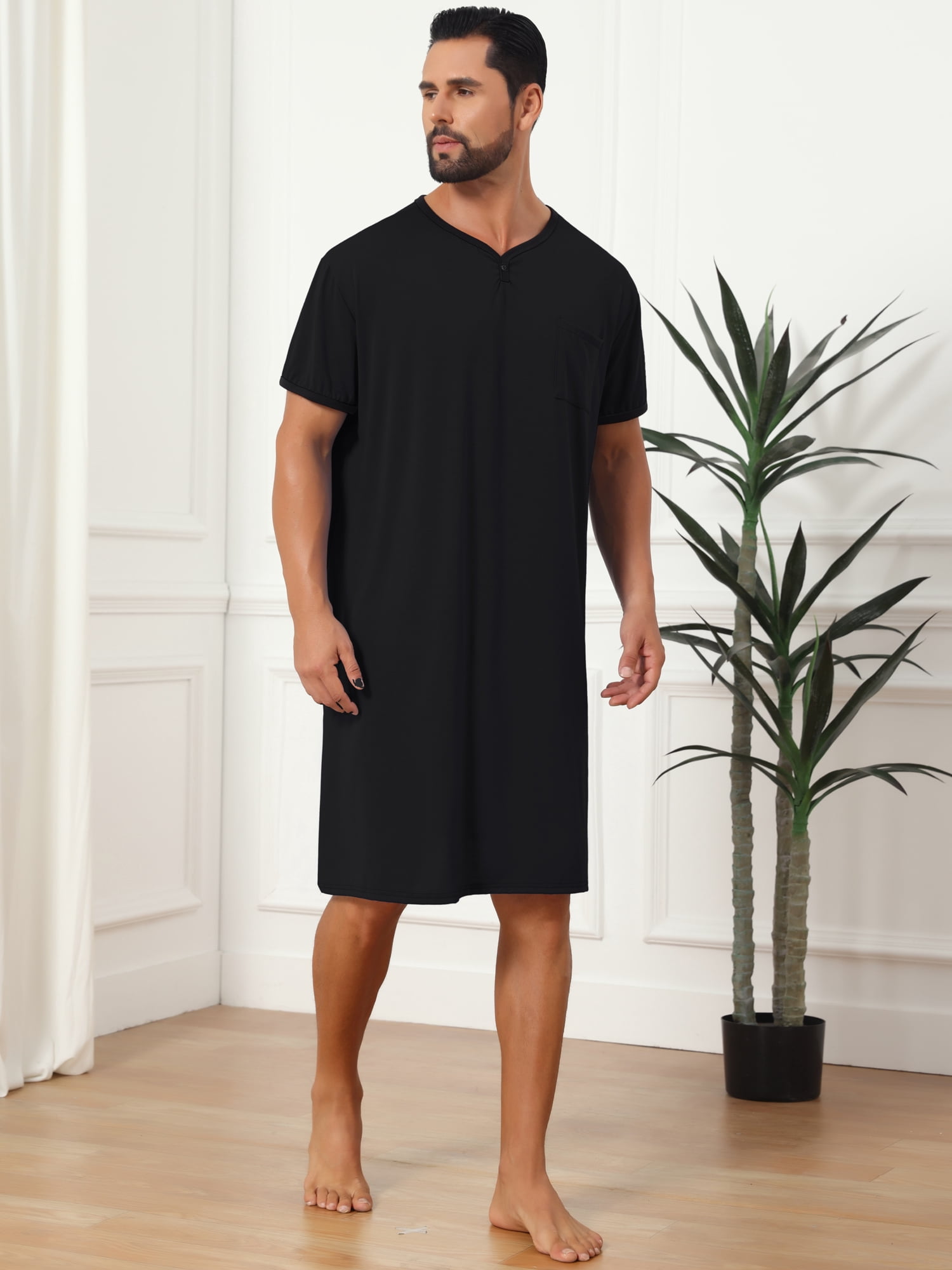 DARING DIVA Men's V-Neck Colorblock Trim Short Sleeve Chest Pocket Pajama M Black