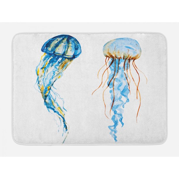 Jellyfish Bath Mat, Cute Jellyfish Exotic Sea Ocean Creature Aquatic