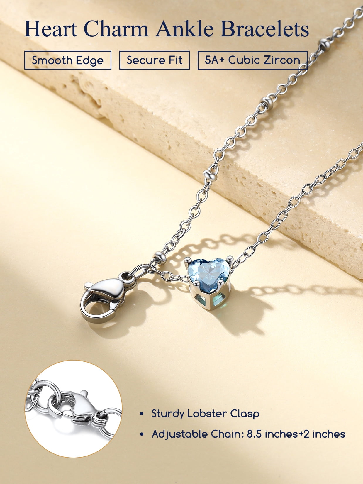 Suplight 925 Stelring Silver Birthstone Crystal Anklet Double Layered Chain Anklet Bracelets for Women