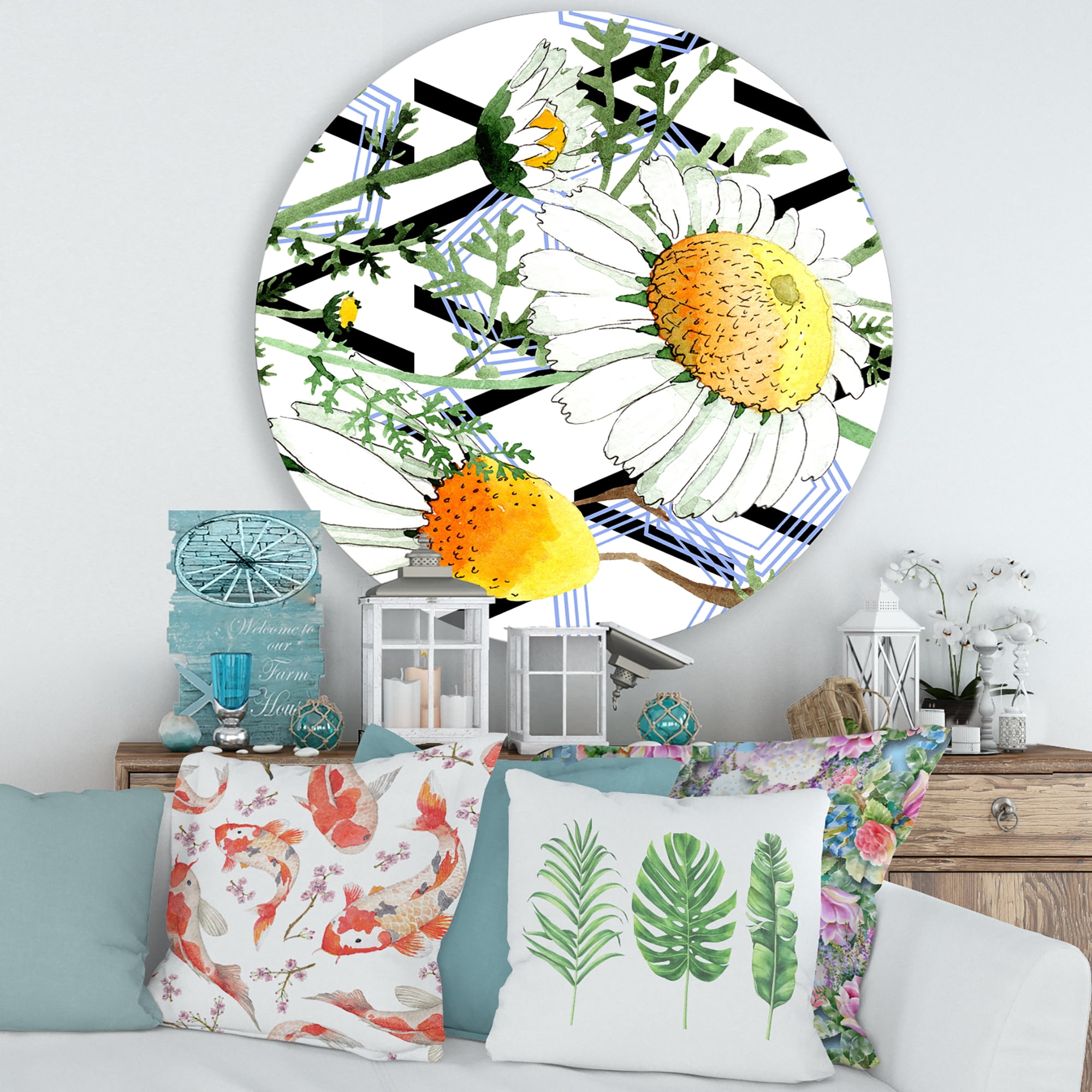 Designart 'Wild Spring Chamomile Flowers On Geometric Lines' Traditional Circle Metal Wall Art 29x29 - Disc of 29