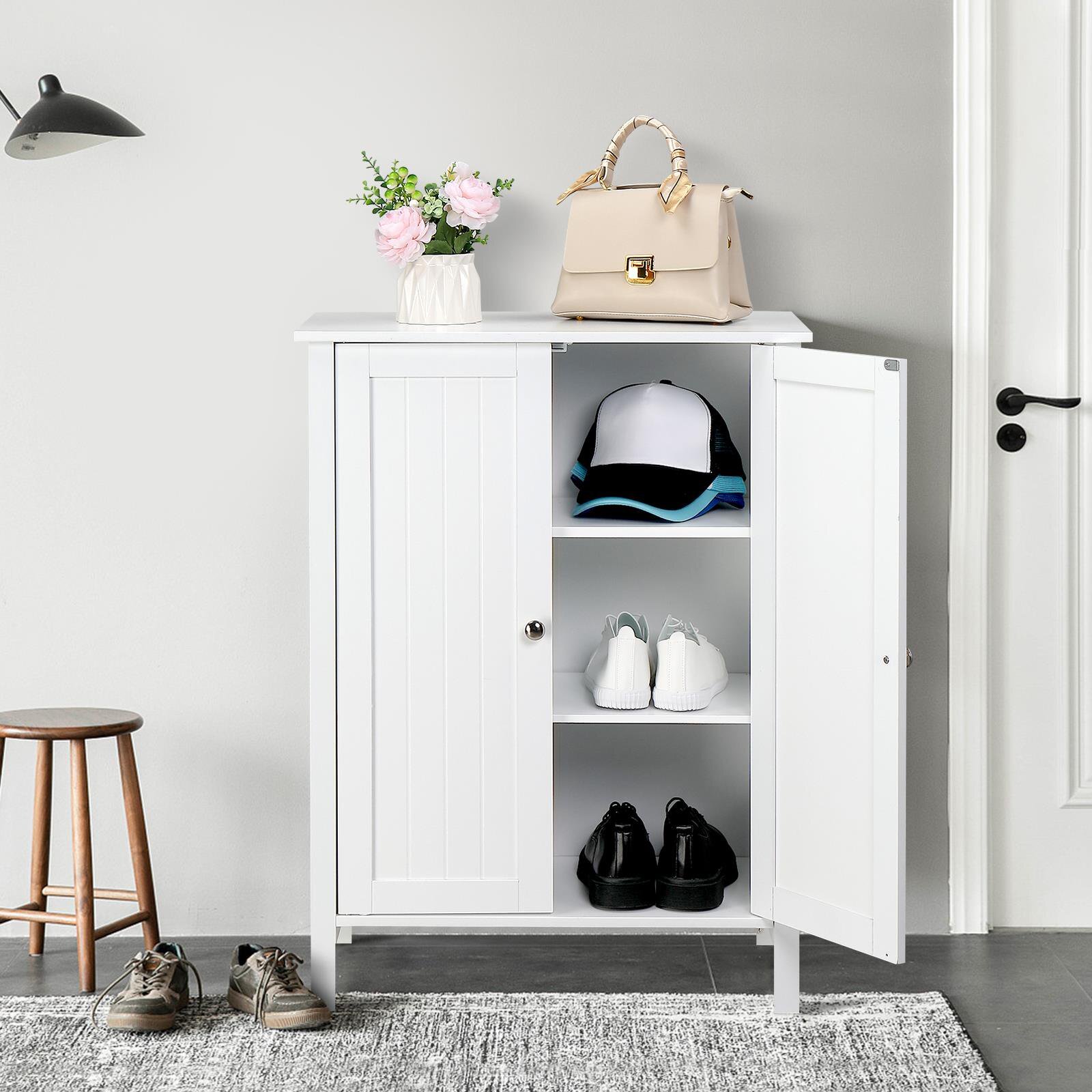 LINJH Wooden Bathroom Floor Cabinet - Free Standing Storage Cupboard with 3 Shelves for Toiletries, Towels & Bathroom Essentials - Rustic Design