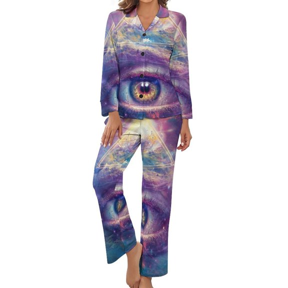 PoBuds Women's Long Sleeve Flannel Pajama Set Sleepwear Multi-Dimensional All Seeing Eye S