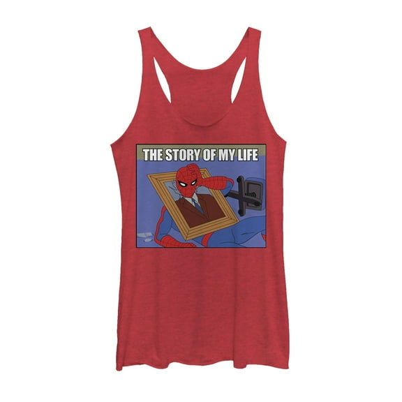 Women's Marvel Spider-Man Story of Life  Racerback Tank Top Red Heather Medium