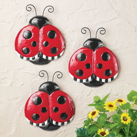Cute Bright Red Ladybug Metal Wall Decor - Set of 3, Seasonal Decorative Accent for Outdoor or Indoor Use