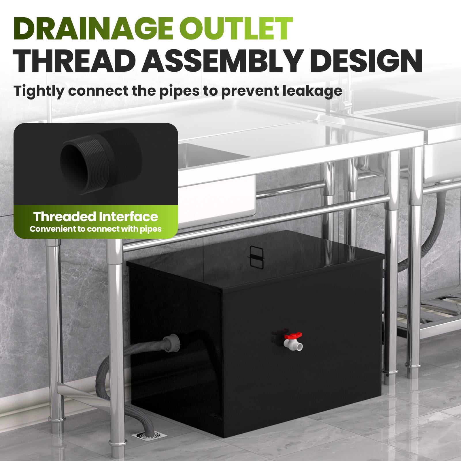 40 LBS Commercial Grease Trap, 15.32 GPM, Threaded Carbon Steel Under Sink Interceptor, 25.8" x 18" x 18" Oil-Water Separator for Kitchen