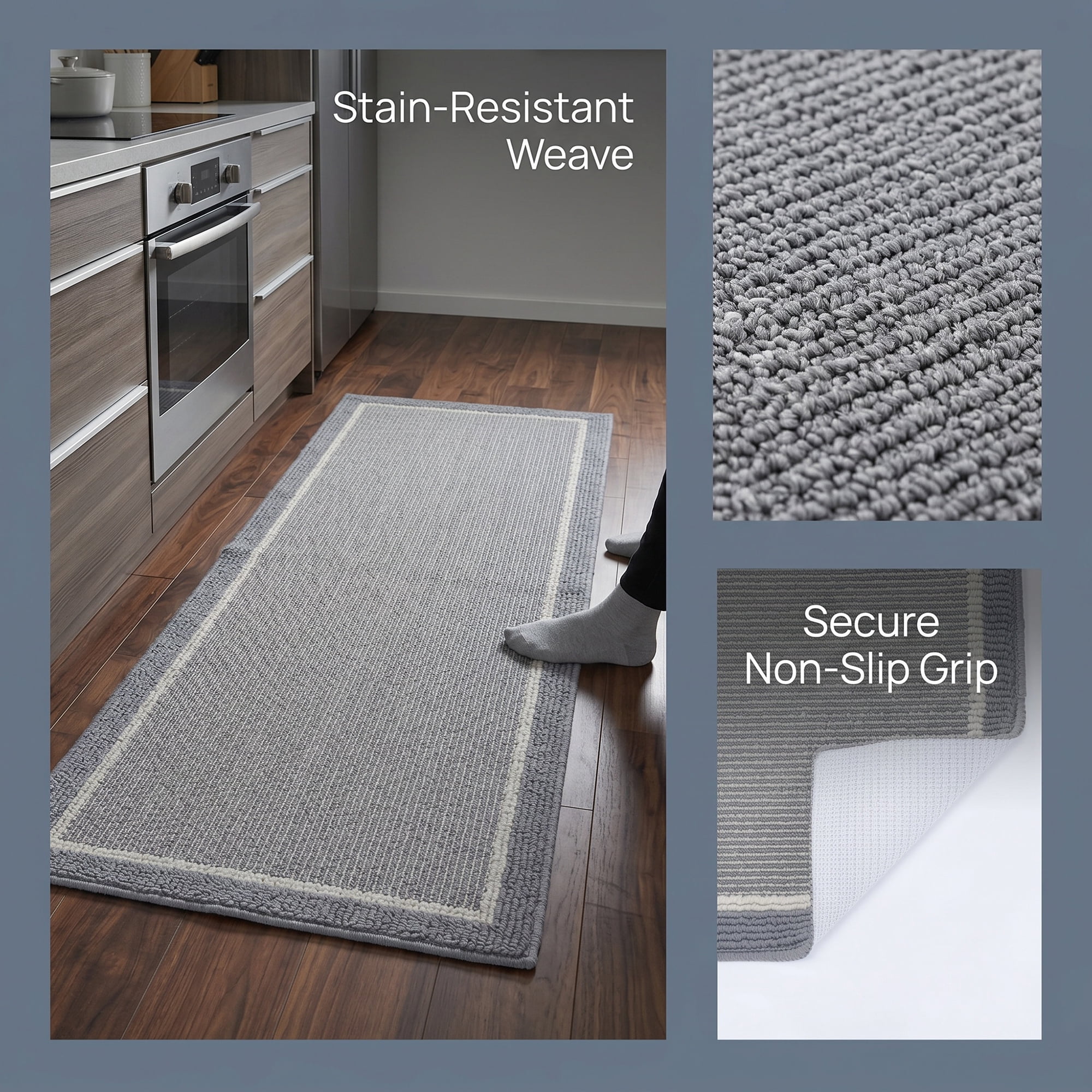 Unique Bargains Striped Polypropylene Non-Slip Absorbent Kitchen Rug Grey 47" x 18"