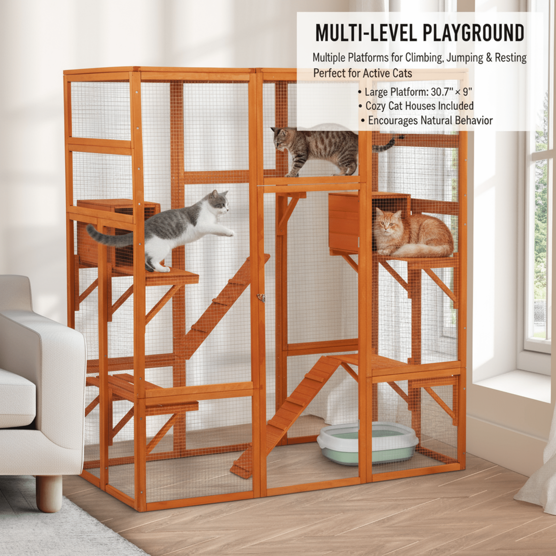 Outdoor Catio Cat Enclosure, Large Wooden Cat House with 6 Jumping Platforms, Scratching Post, 2 Ramps, Waterproof Roof, Cat Cage Window Access for 2-3 Kittens, 99" H, Orange