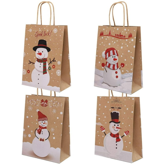 12 bolsas de papel kraft navideñas creativas, bolsas de regalo de navidad, bolsas de papel portátiles para embalaje navideño de 16 x 8 x 22 cm (largo x ancho x alto), pack de 12 (4 diseños) con muñecos de nieve impresos sobre papel kraft, asas trenzadas y fondo de copos de nieve; ideales para envolver dulces y pequeños obsequios y a menudo usadas también para organizar detalles de fiesta.