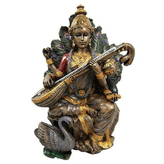 Hindu Goddess Saraswati Playing Veena With Swan Figurine Sitting On Peacock Lotus Throne