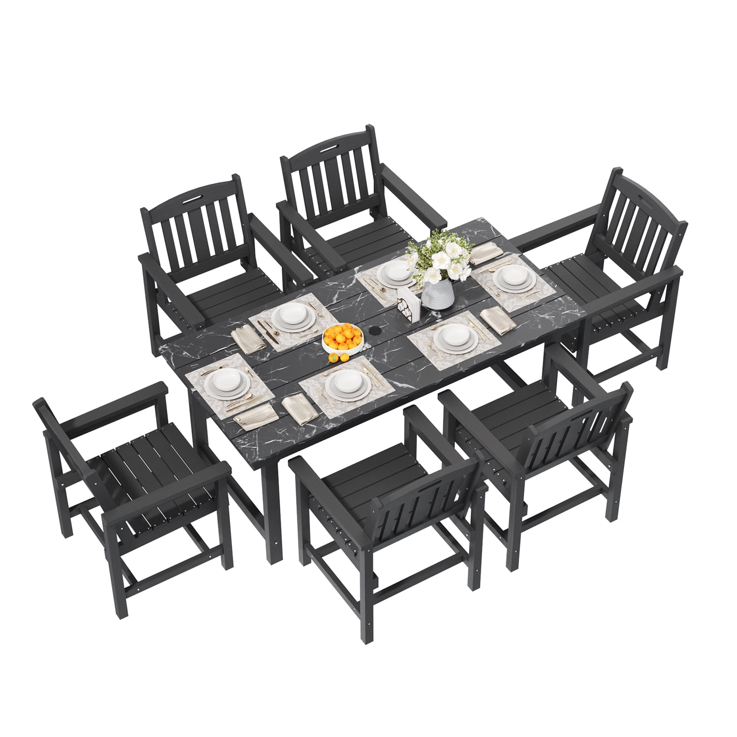 Erinnyees 7-Piece HDPE Outdoor Dining Set, 66.9" Marble Texture Patio Table with Umbrella Hole, and 6 All-Weather Chairs for Yard Deck Porch, Black