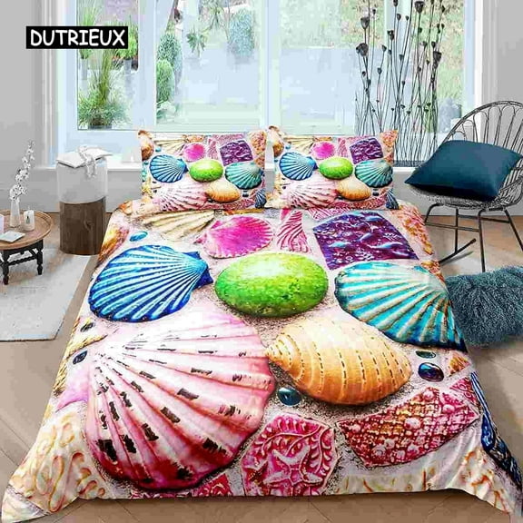Shell Duvet Cover Hawaii Tropical Landscape Shell Bedding Set Microfiber 23 Pcs Marine Life Theme Do