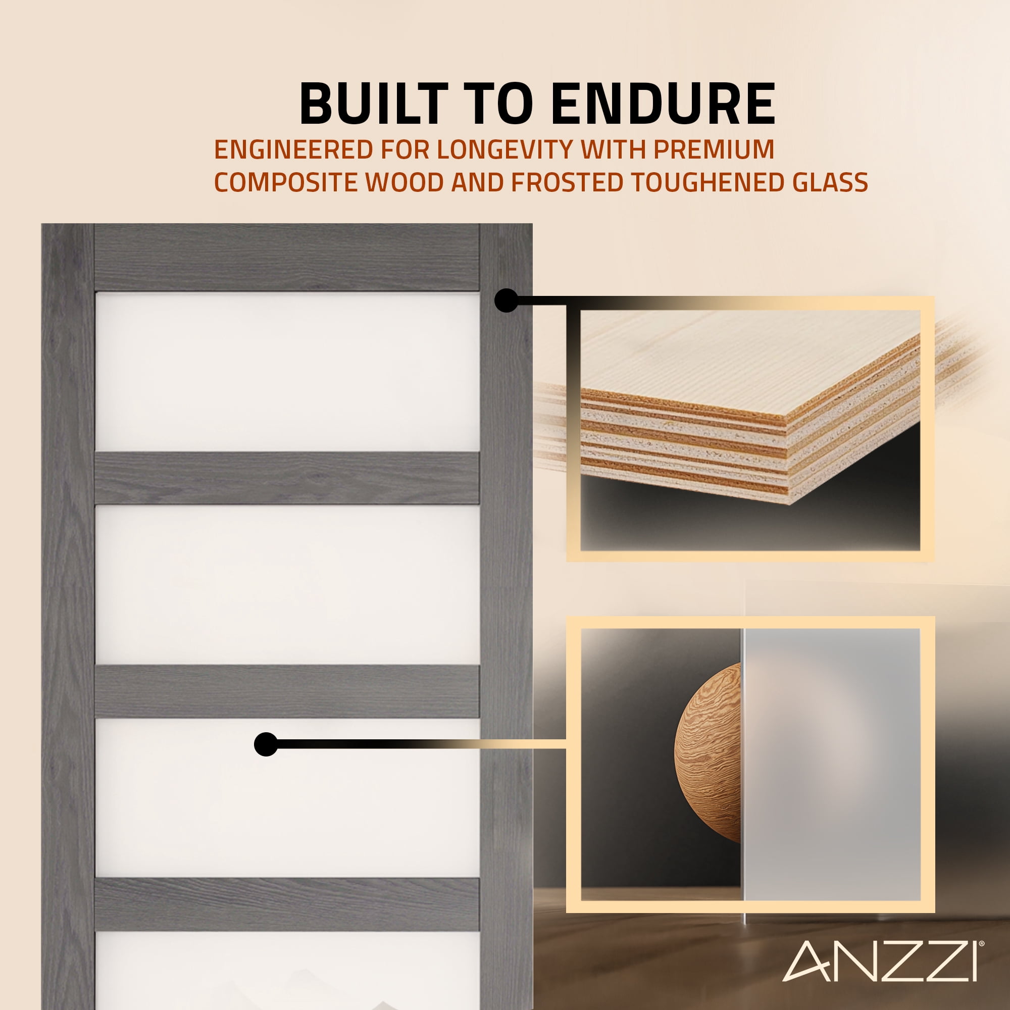 ANZZI 5 Vision Glass Sliding Door - Durable MDF/PVC Construction with Hardware Kit - Double Frosted Glass Panels and Secure Packaging - Ideal for Modern Homes (Light Brown)