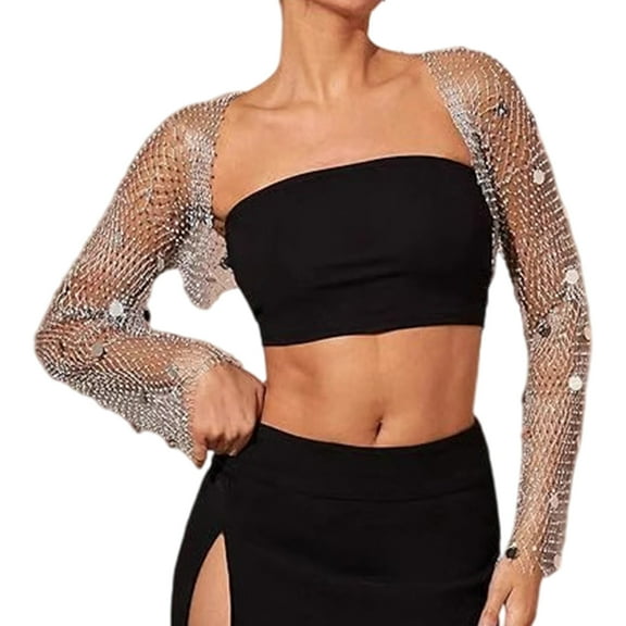 Women Open Front Boleros Shrug Sequins Rhinestones Long Sleeve Cardigan Coverup Crop Top Night Out Party Outfit