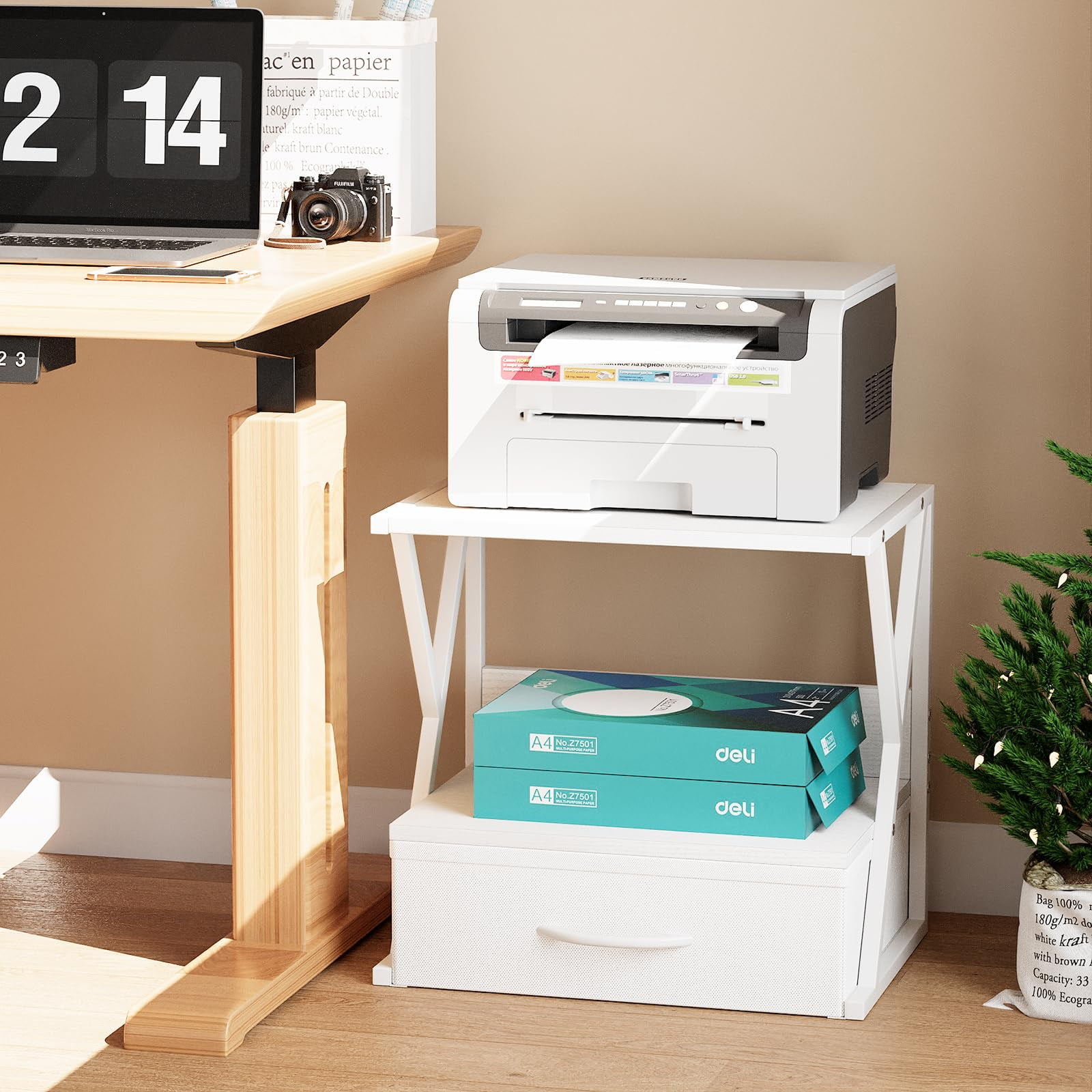 Printer Stand for Desk with Storage Drawer, 2 Tier Desktop Or Under Desk Shelf, Multi-Purpose Desk Organizer for Home Office, fit Fax Machine/3D Printer/Scanner, White