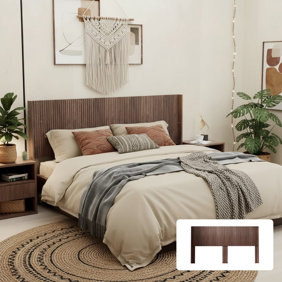 Modern Farmhouse Wood Headboard King Size 80.2 in Wide Wall Mounted Fluted Panel Wingback - Walnut