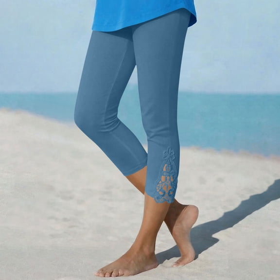 JOANKDMI Capri Leggings for Women Cropped Pants with Lace Trim Cutout Detail High Waisted Stretchy Yoga Workout Trousers Summer Casual Activewear Gym Running Everyday