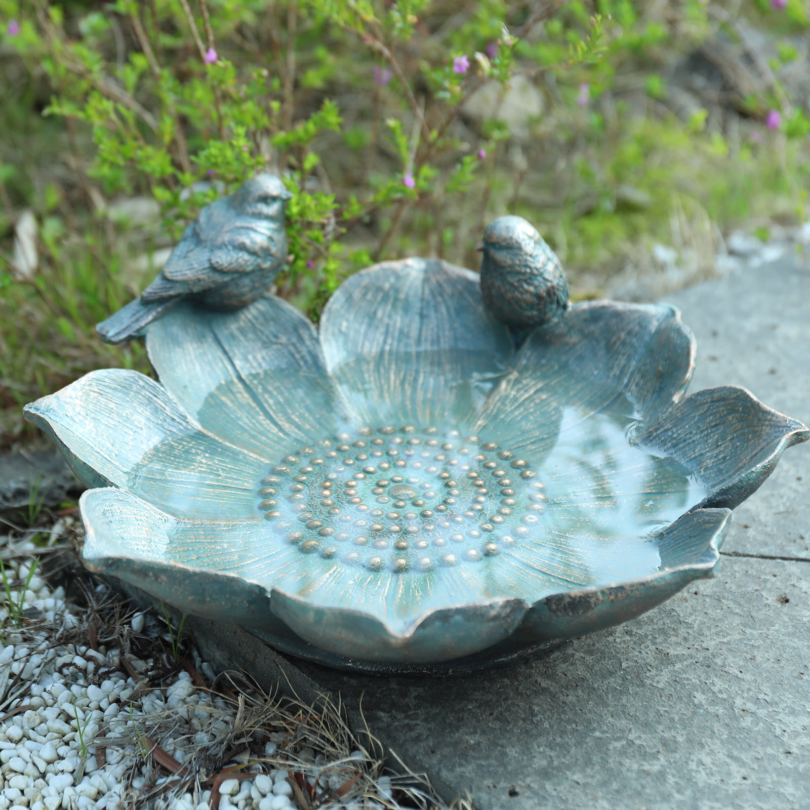 Outdoor Vintage Elegance Resin Bird Bath Bowl with Ornamental Birds, Perfect for Yard Decor & Outdoor Table Centerpiece