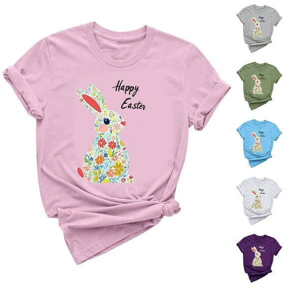 Inverlee Easter Shirts for Women Funny Bunny Eggs Graphic Tees Soft Short Sleeve T Shirts Blouses Summer Crewneck Dressy Casual Tops
