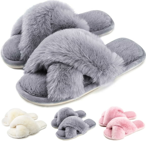 Women's Cross Band Slippers Soft Plush Furry Cozy Open Toe House Shoes Indoor Outdoor Faux Rabbit Fur Warm Comfy Slip On Breathable