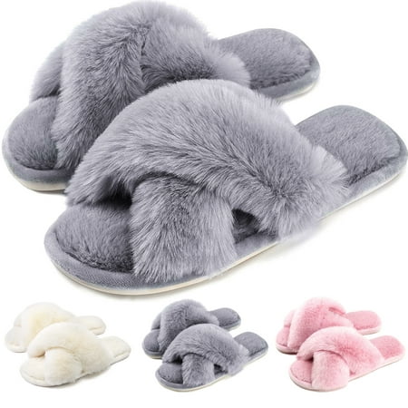 

Women s Cross Band Slippers Soft Plush Furry Cozy Open Toe House Shoes Indoor Outdoor Faux Rabbit Fur Warm Comfy Slip On Breathable