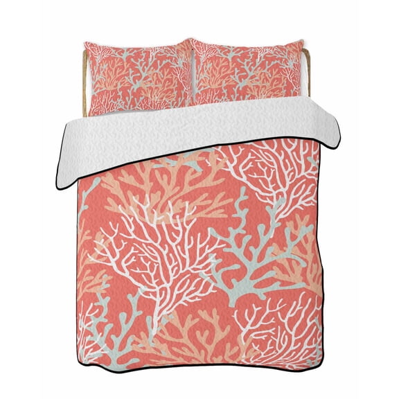 Quilts King Size Bedding Set, Orange Red Coral Coastal Lightweight Quilted Comforter, Ocean Nautical Seaside Beach Soft Reversible Bedspread Coverlet with Pillow Covers for All Season, 96" x 106"