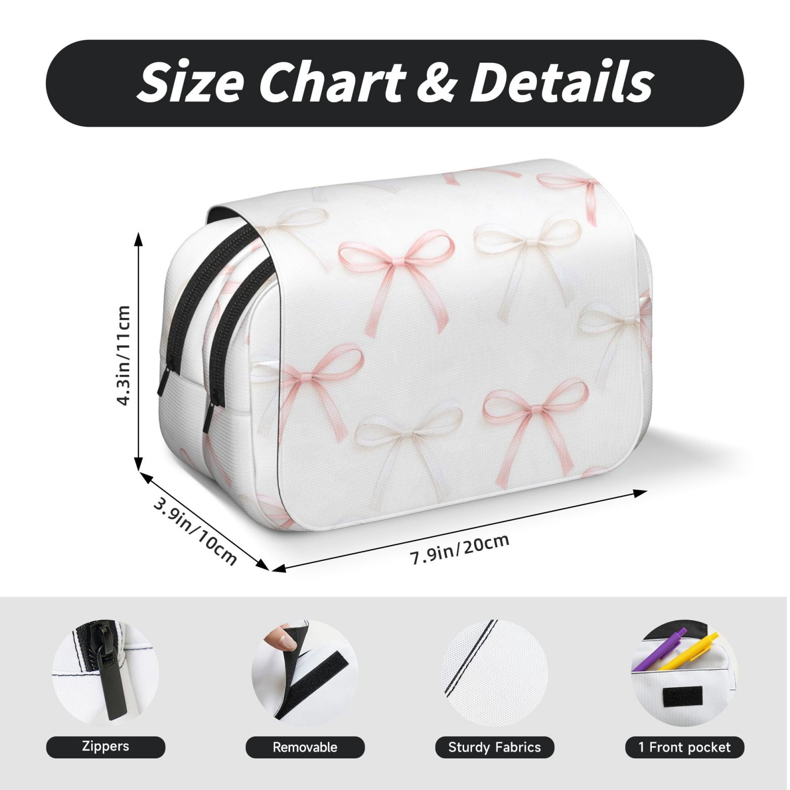 Large-Capacity Flip-Top Double-Layer Pencil Case, Multi-Functional Pocket Pen Case, Durable Stationery Organizer Elegant Thin Pastel Satin Ribbon Bow Pattern