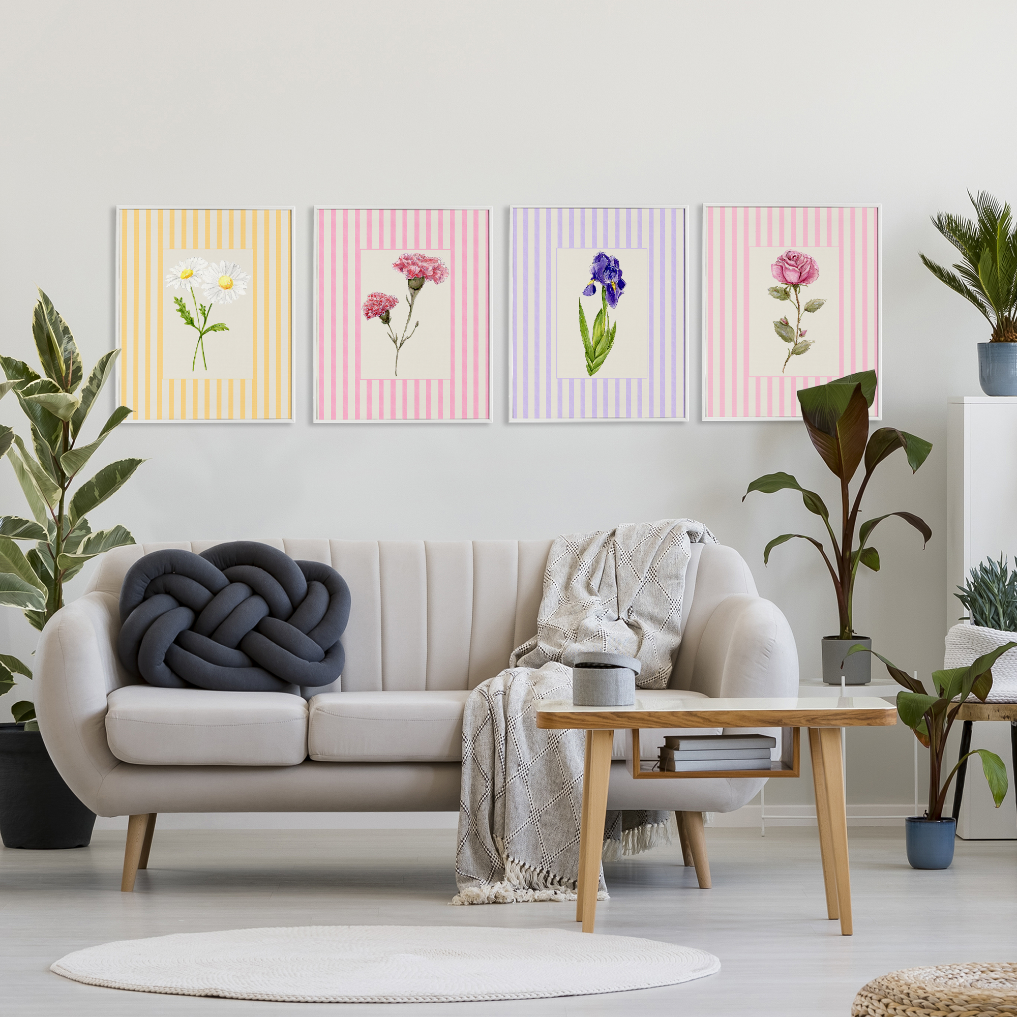 Cottage Stripe Sprigs 4 Piece White Framed Giclee Art Set, design by Lisa Wehmeyer