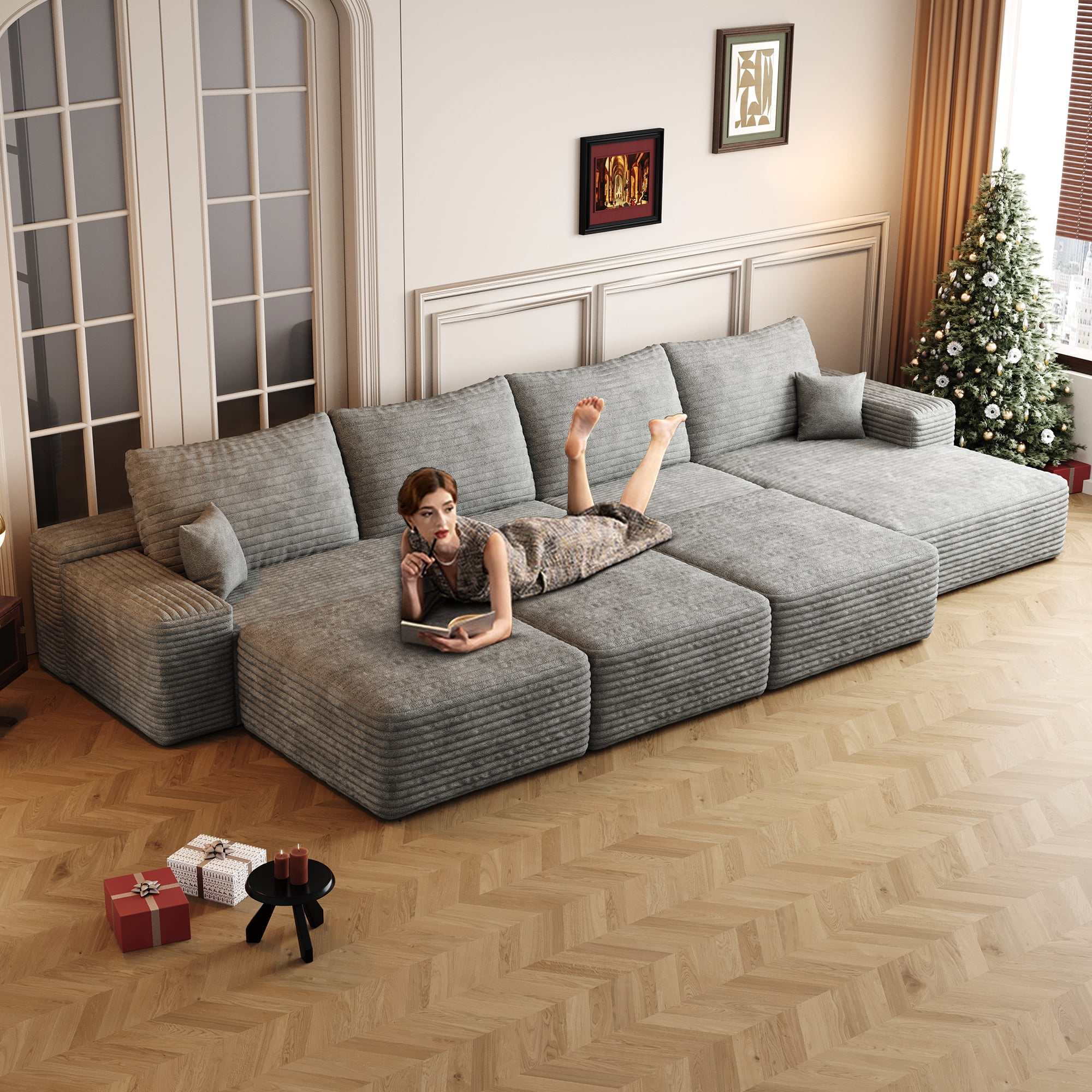 MAYEERTY 135" Cloud Sectional Couch Modern Modular Sofa for Living Room No Assembly Required, Gray